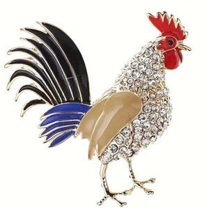 "COCK OF THE WALK ROOSTER" STRUTTING RHINESTONE GOLDEN PIN 54